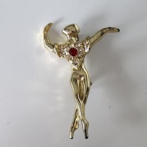 Vintage Gold Tone Ballerina Brooch with red‎ and Clear Rhinestones